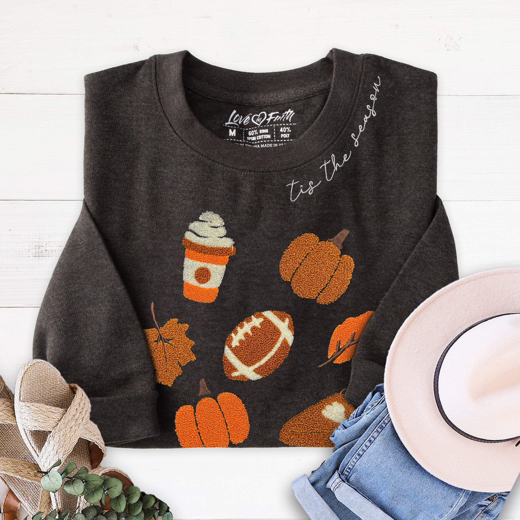 Tis The Season 3D Loop Embroidered Fall Icons Sweatshirt Cozy Autumn Pumpkin Crewneck