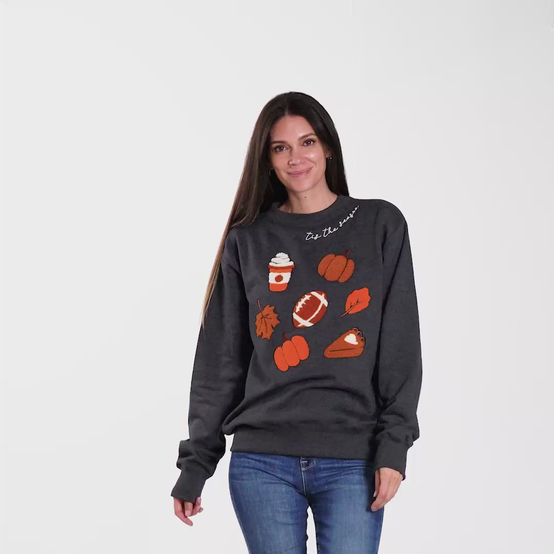 Tis The Season 3D Loop Embroidered Fall Icons Sweatshirt Cozy Autumn Pumpkin Crewneck