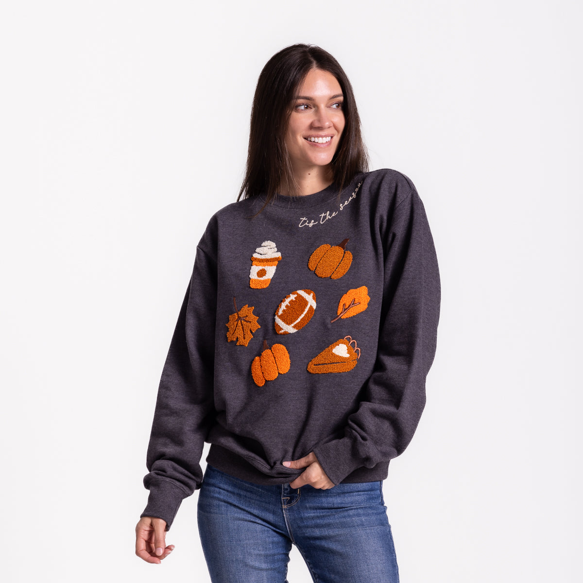 Tis The Season 3D Loop Embroidered Fall Icons Sweatshirt Cozy Autumn Pumpkin Crewneck