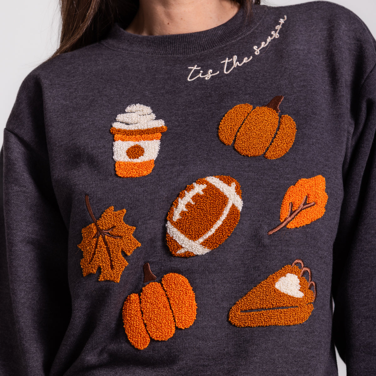 Tis The Season 3D Loop Embroidered Fall Icons Sweatshirt Cozy Autumn Pumpkin Crewneck