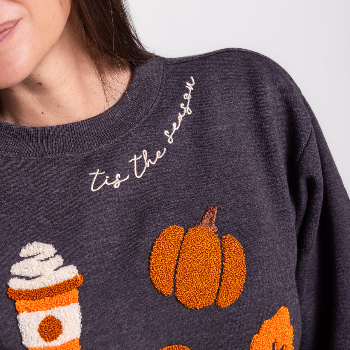 Tis The Season 3D Loop Embroidered Fall Icons Sweatshirt Cozy Autumn Pumpkin Crewneck