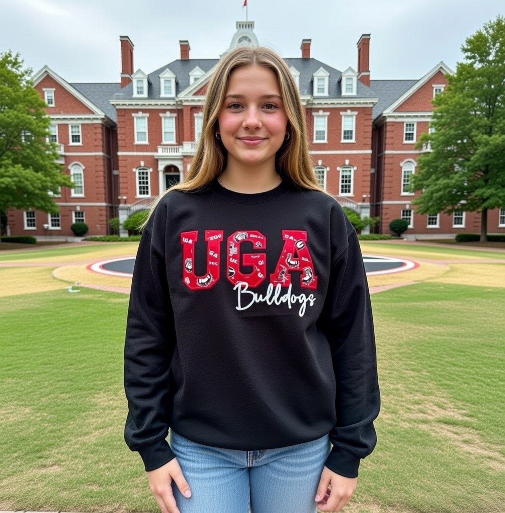 Custom College Abbreviation & Mascot Script Sweatshirt Patterned Applique Game Day Apparel