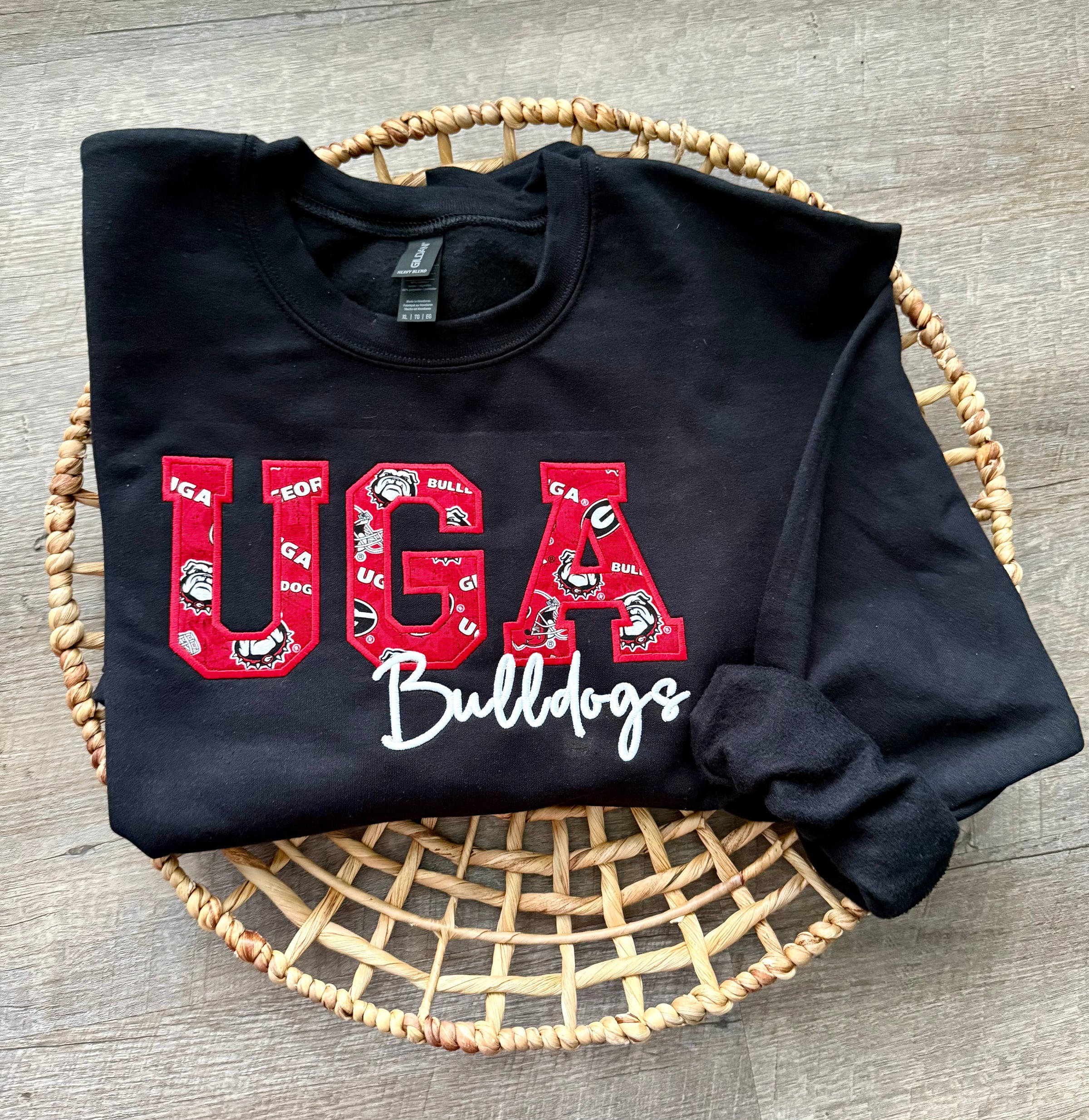 Custom College Abbreviation & Mascot Script Sweatshirt Patterned Applique Game Day Apparel