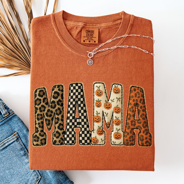 Mama Halloween Pumpkin Leopard Shirt Checkered Patterned Applique Fall Mama Gift Shirt