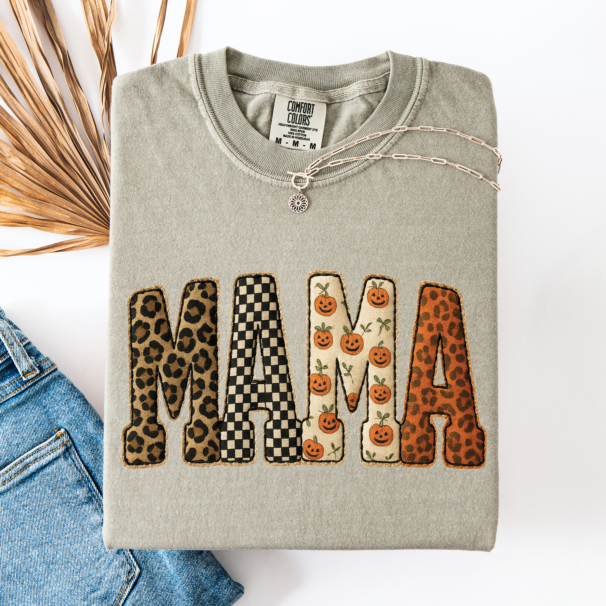 Mama Halloween Pumpkin Leopard Shirt Checkered Patterned Applique Fall Mama Gift Shirt