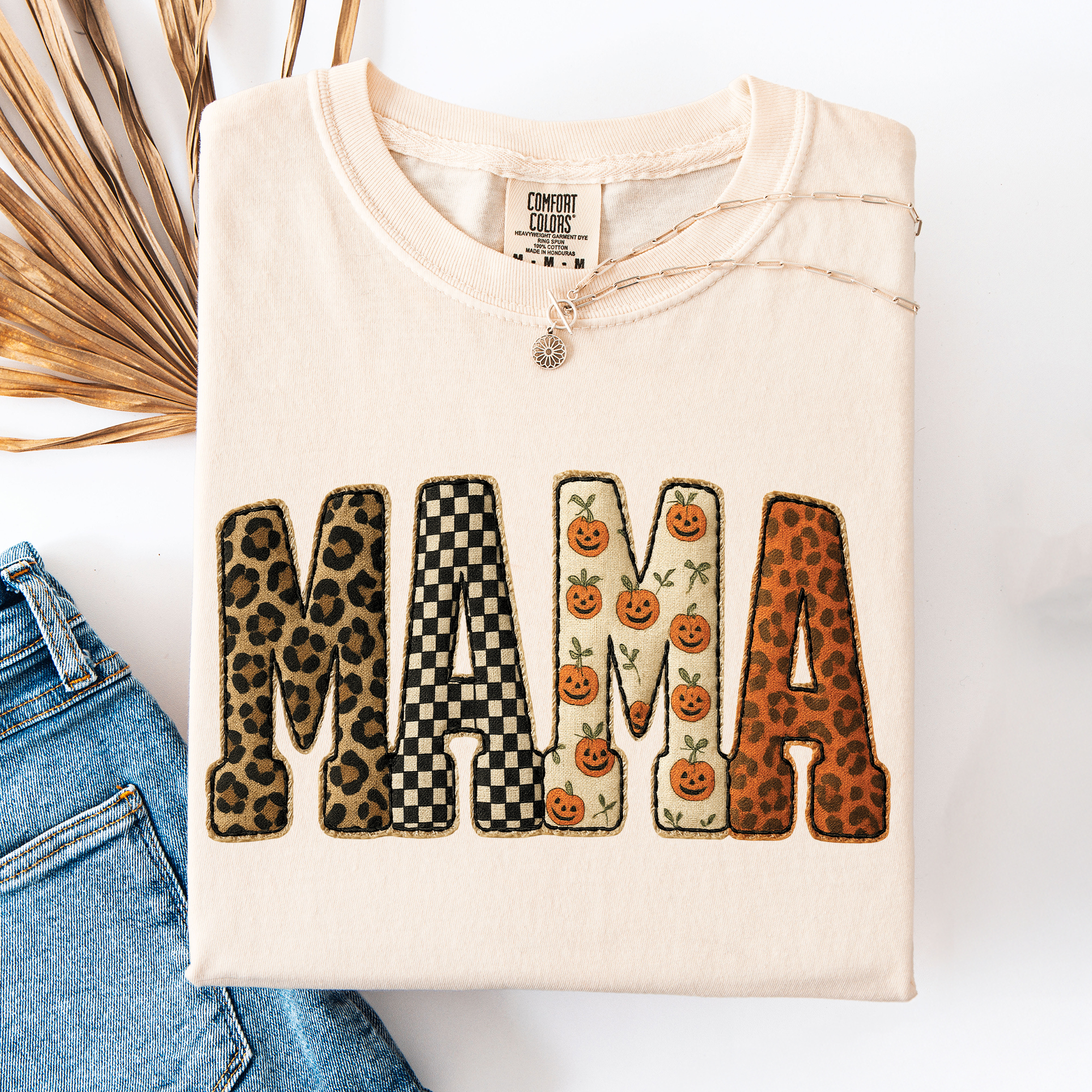 Mama Halloween Pumpkin Leopard Shirt Checkered Patterned Applique Fall Mama Gift Shirt
