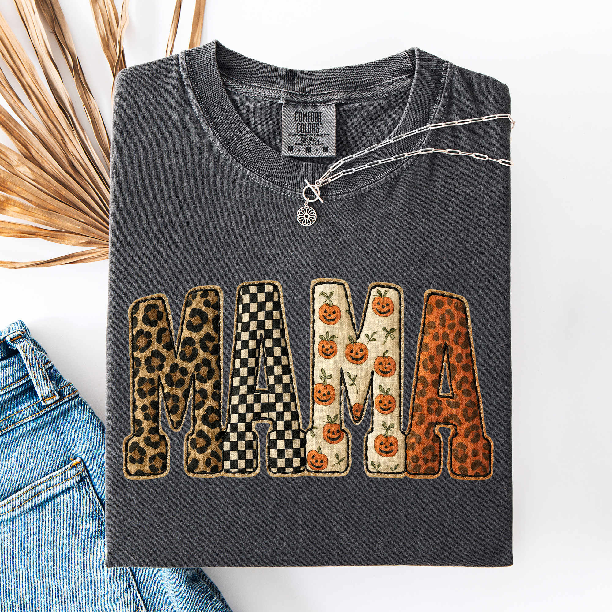 Mama Halloween Pumpkin Leopard Shirt Checkered Patterned Applique Fall Mama Gift Shirt