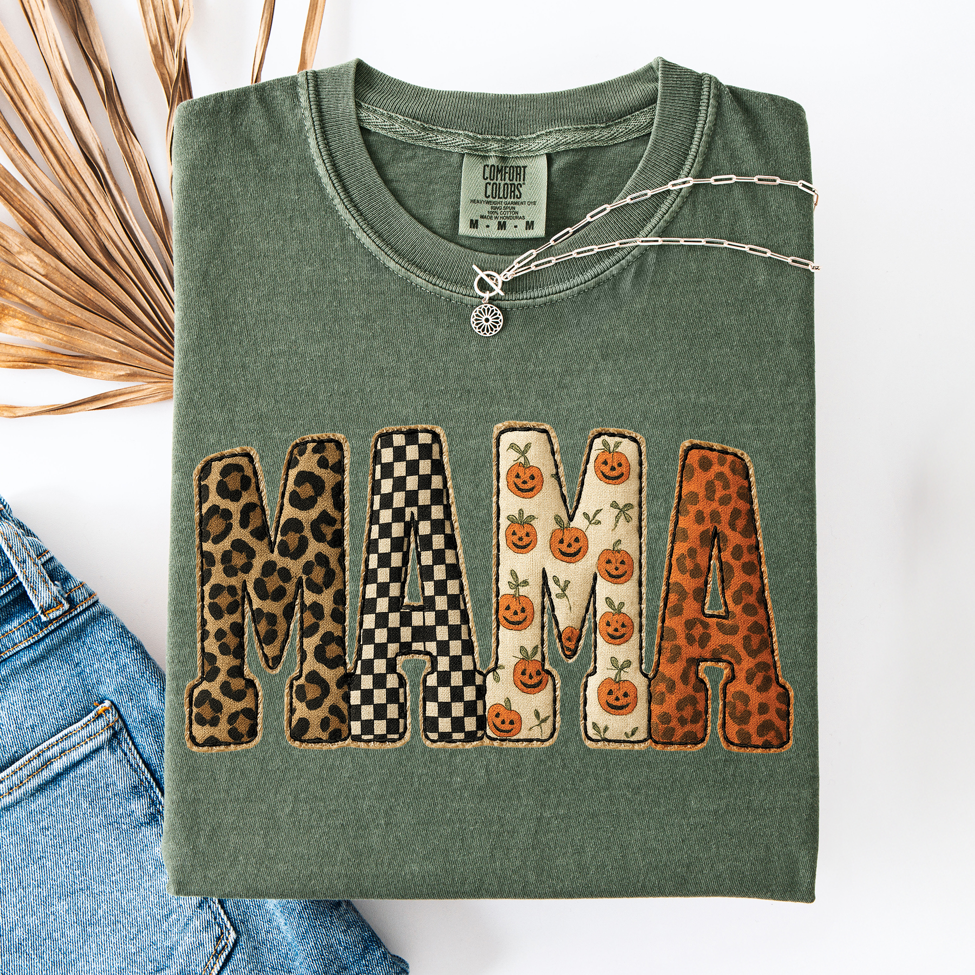 Mama Halloween Pumpkin Leopard Shirt Checkered Patterned Applique Fall Mama Gift Shirt