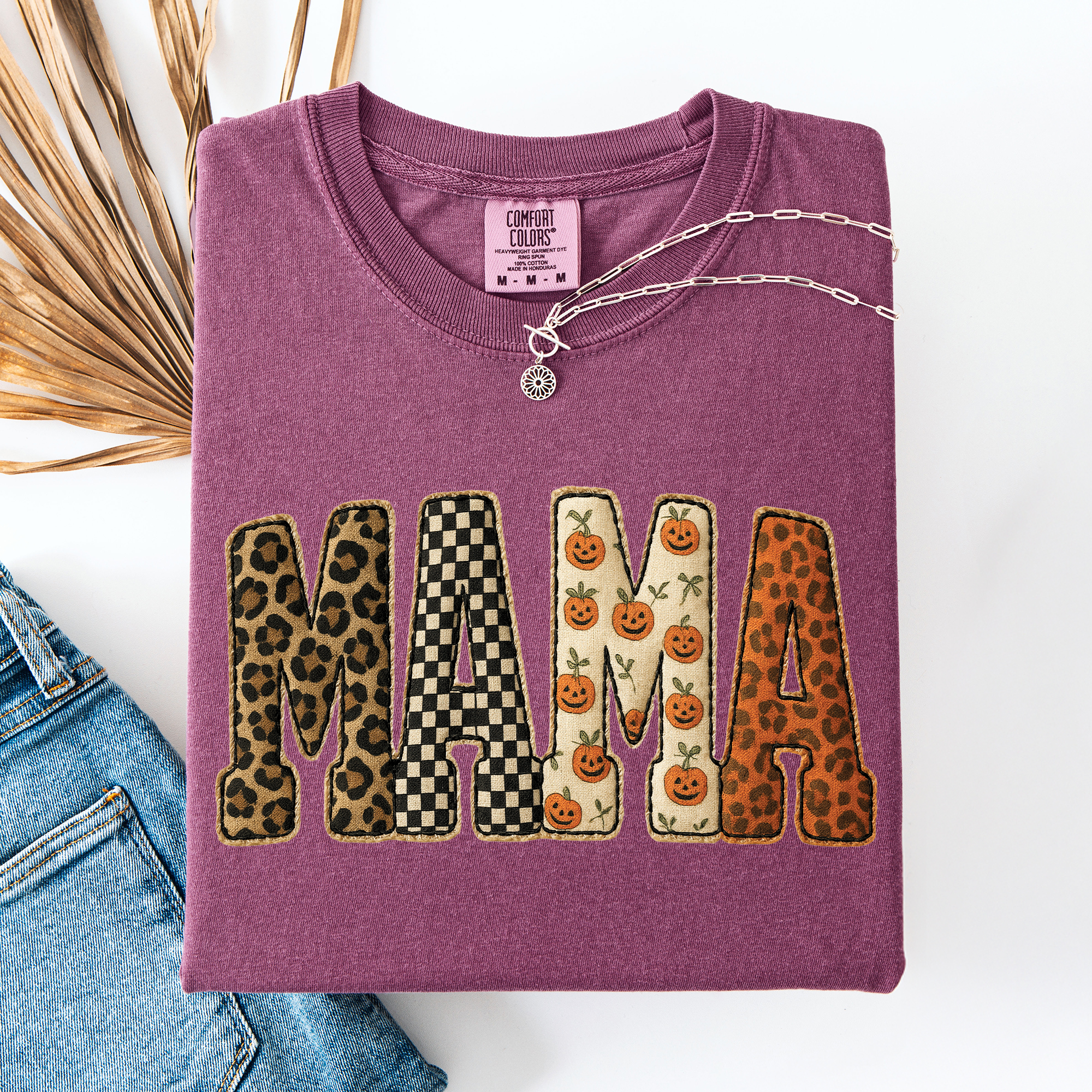 Mama Halloween Pumpkin Leopard Shirt Checkered Patterned Applique Fall Mama Gift Shirt