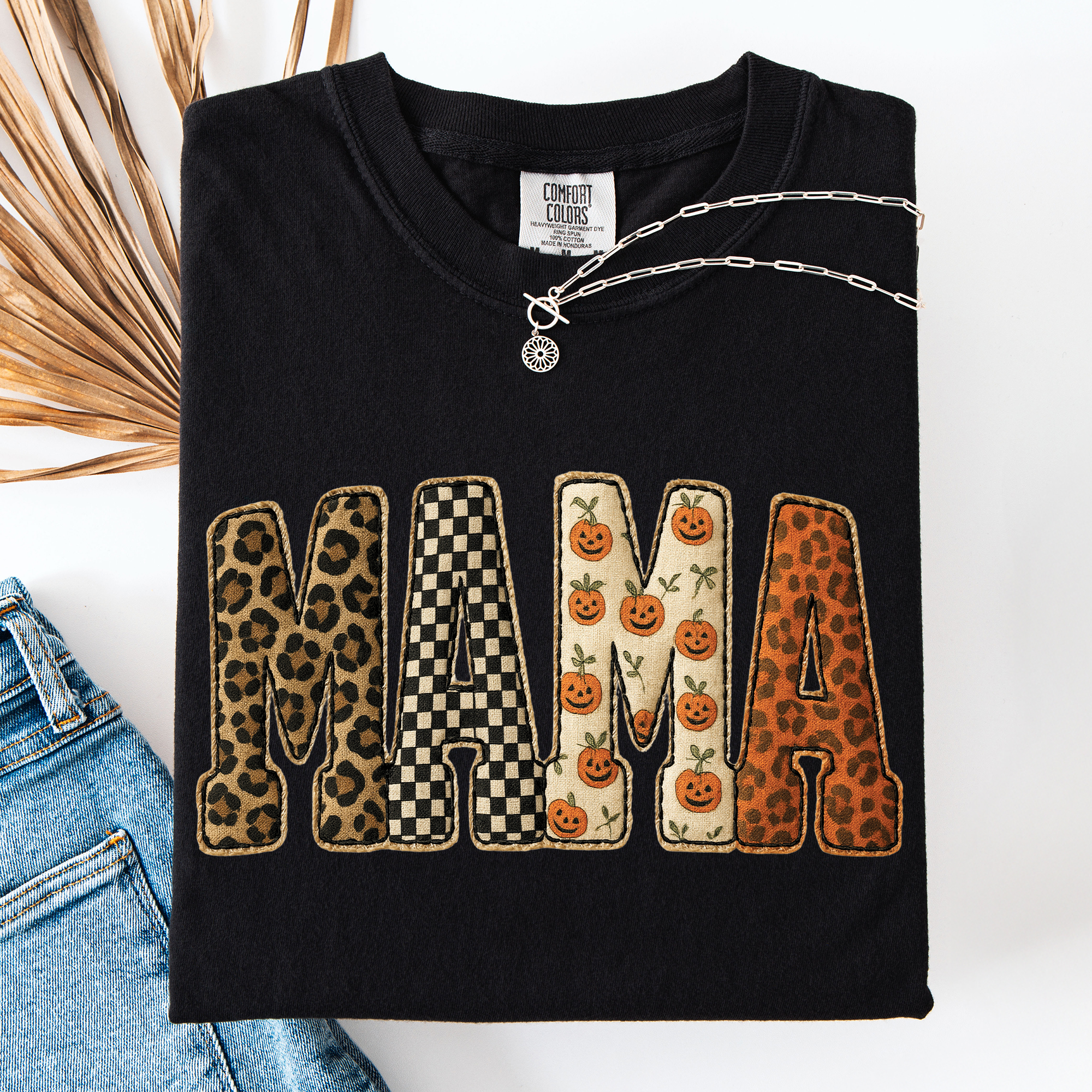 Mama Halloween Pumpkin Leopard Shirt Checkered Patterned Applique Fall Mama Gift Shirt