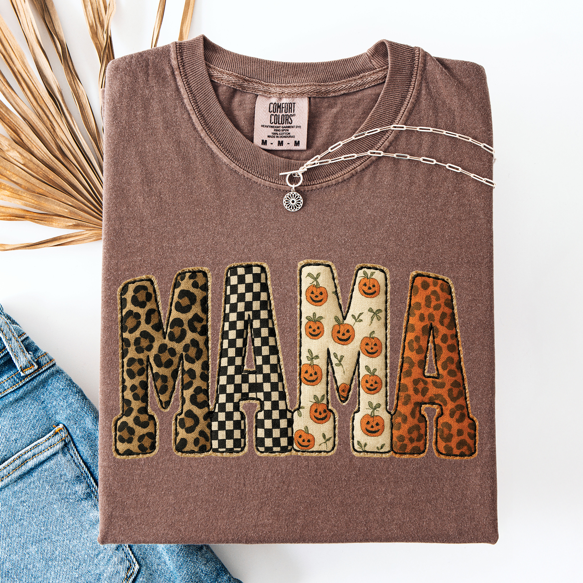Mama Halloween Pumpkin Leopard Shirt Checkered Patterned Applique Fall Mama Gift Shirt