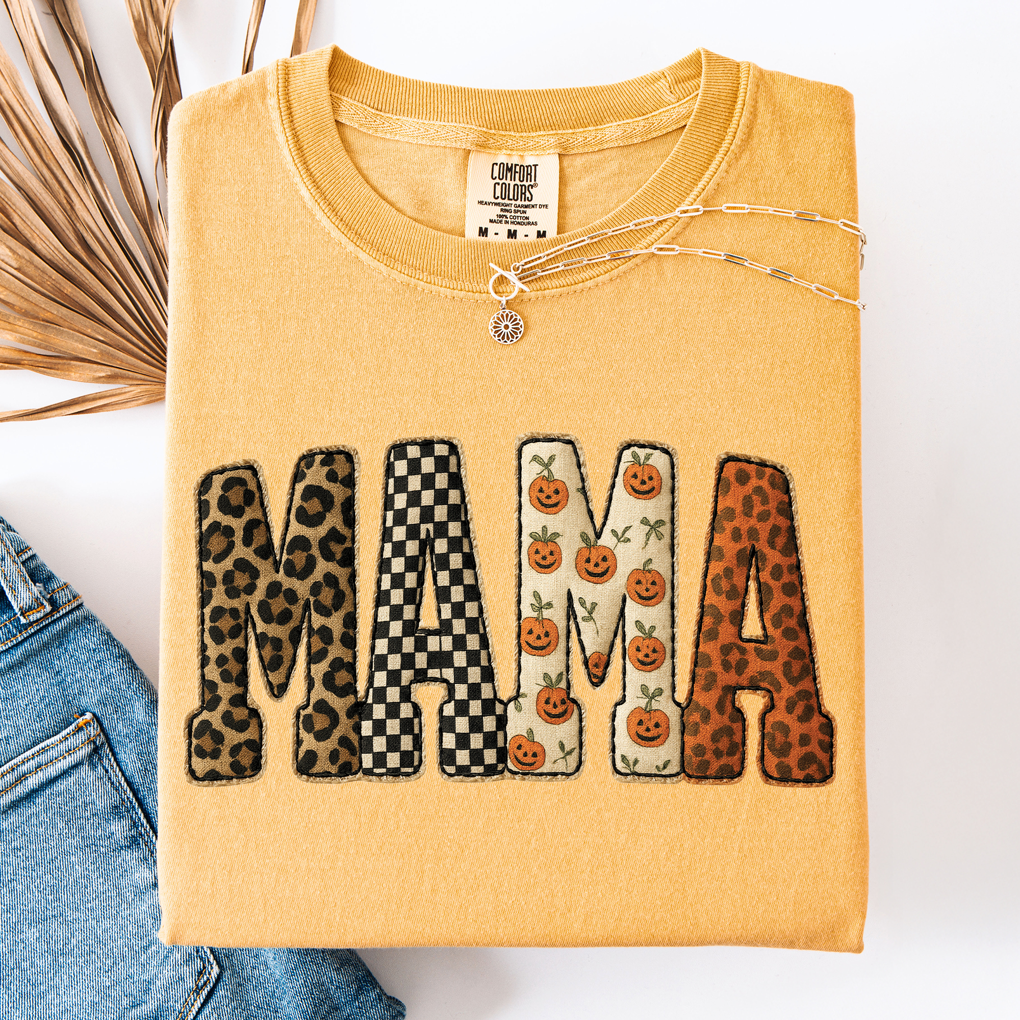 Mama Halloween Pumpkin Leopard Shirt Checkered Patterned Applique Fall Mama Gift Shirt