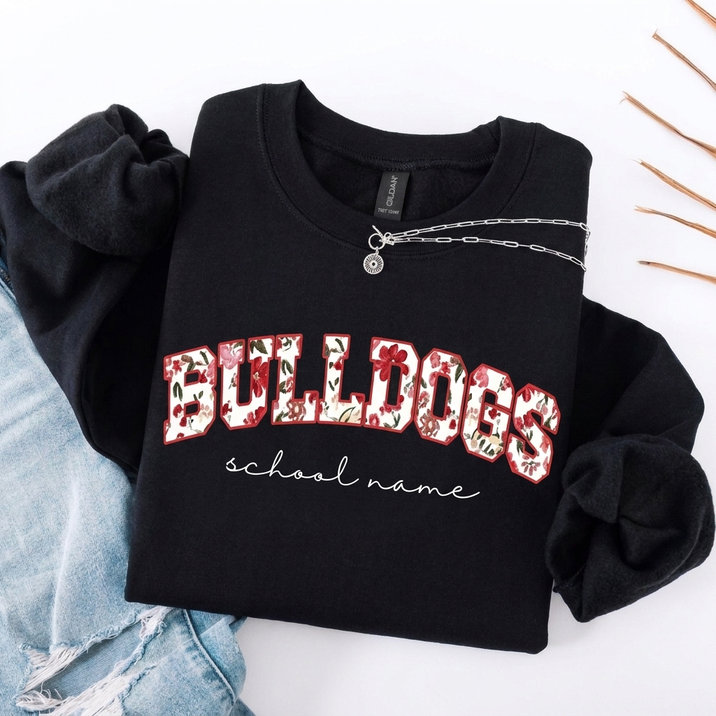 Custom Floral Fill Varsity Mascot Crewneck Sweatshirt, Personalized School Name Game Day Spirit Pullover