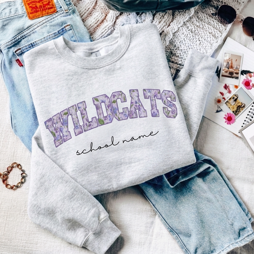 Custom Floral Fill Varsity Mascot Crewneck Sweatshirt, Personalized School Name Game Day Spirit Pullover