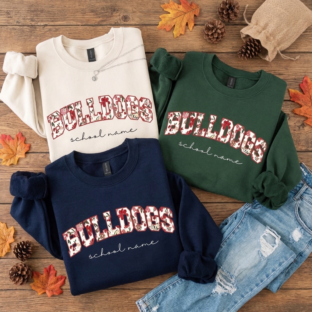 Custom Floral Fill Varsity Mascot Crewneck Sweatshirt, Personalized School Name Game Day Spirit Pullover