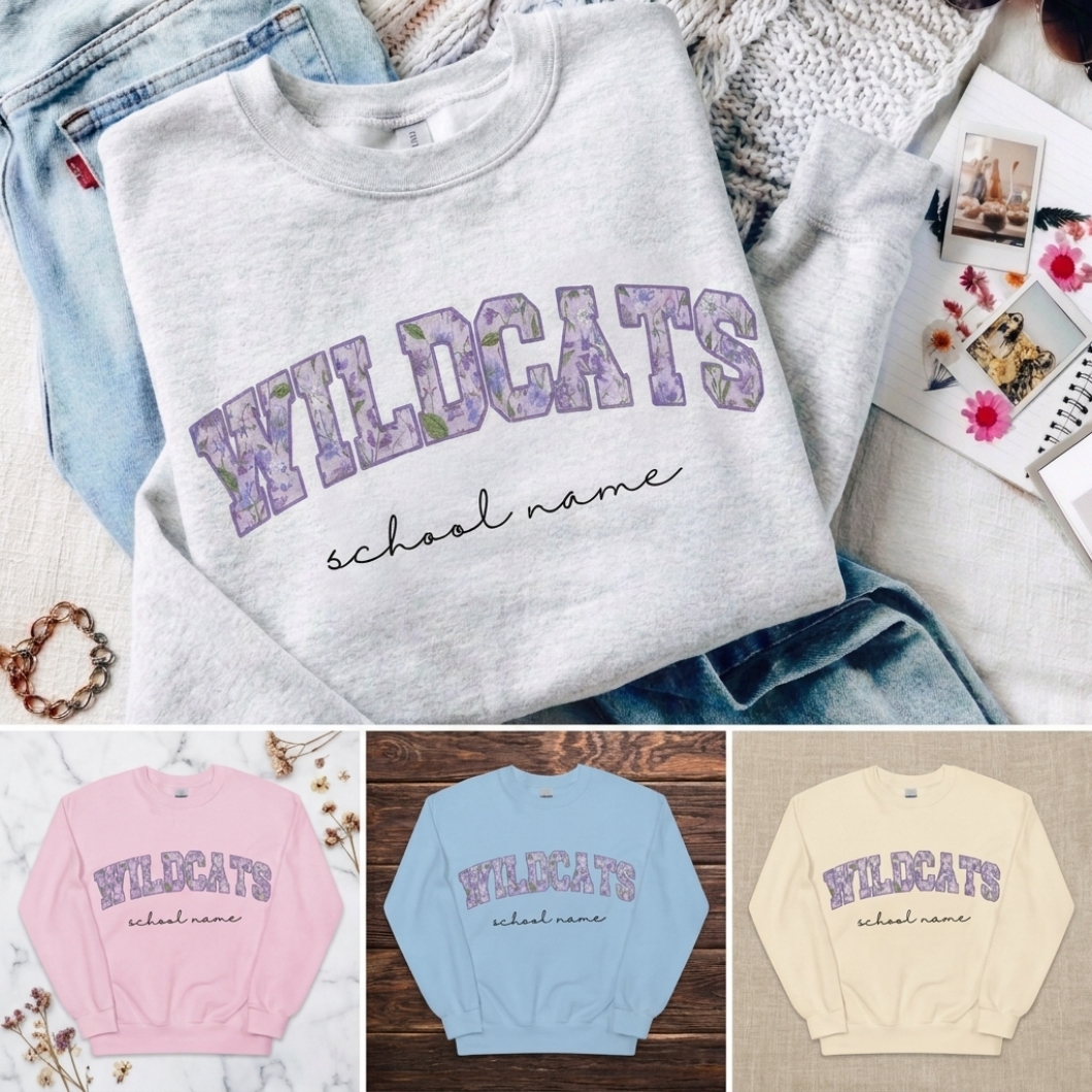 Custom Floral Fill Varsity Mascot Crewneck Sweatshirt, Personalized School Name Game Day Spirit Pullover