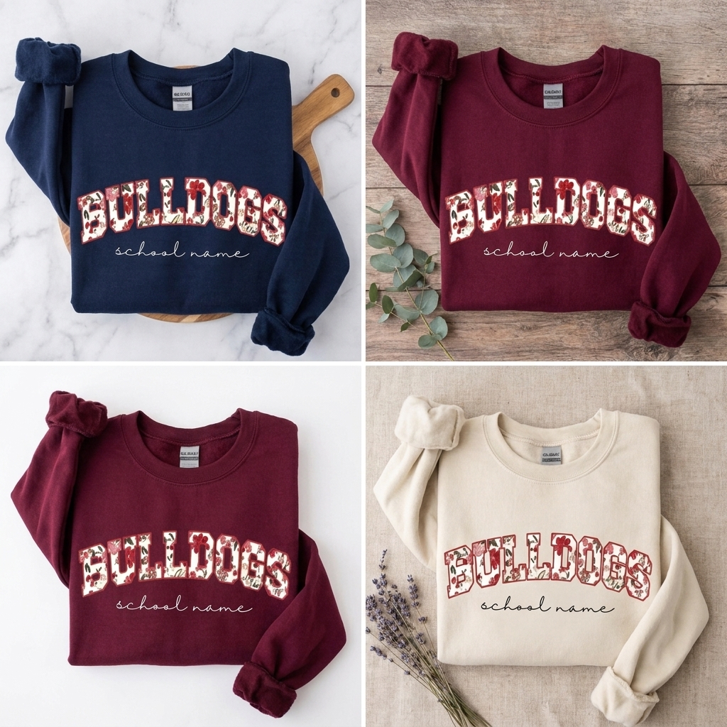 Custom Floral Fill Varsity Mascot Crewneck Sweatshirt, Personalized School Name Game Day Spirit Pullover