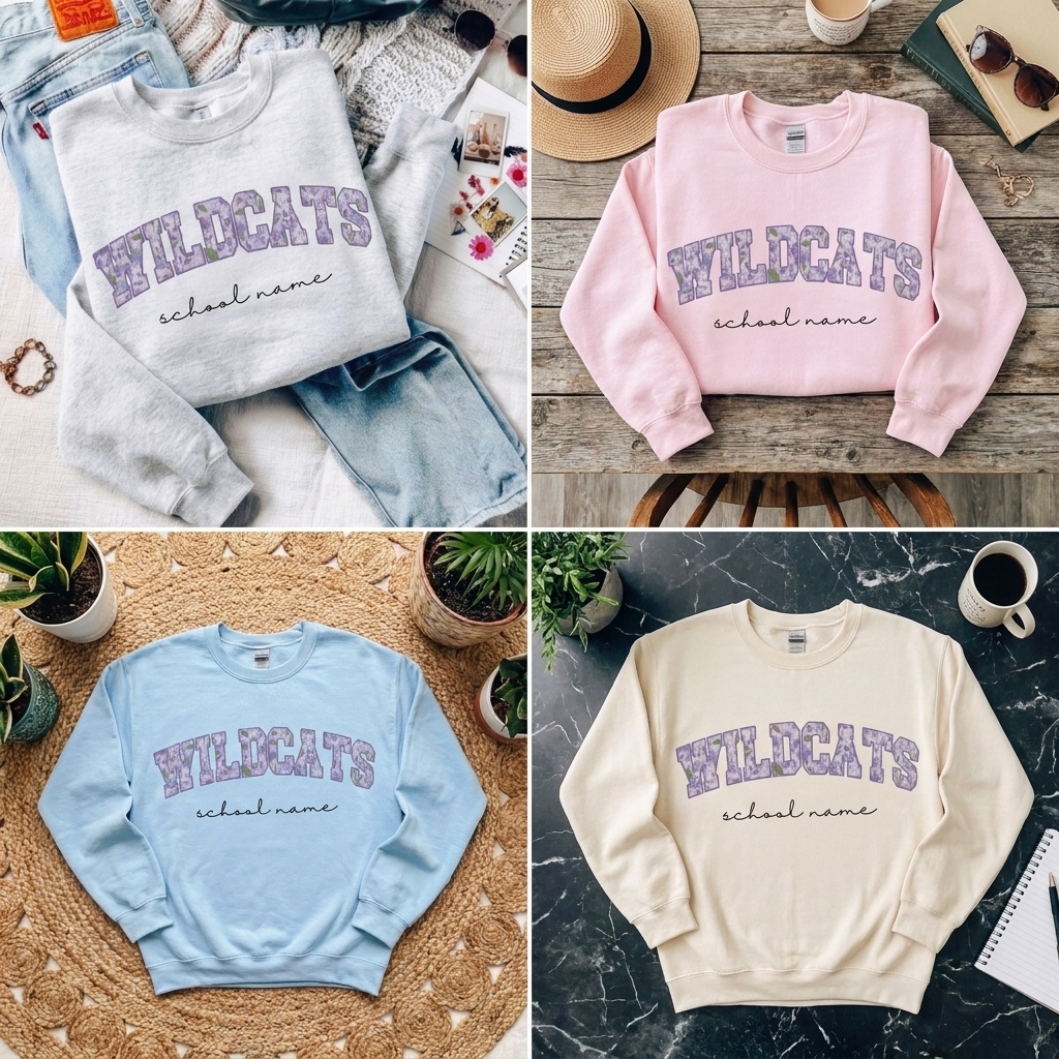 Custom Floral Fill Varsity Mascot Crewneck Sweatshirt, Personalized School Name Game Day Spirit Pullover