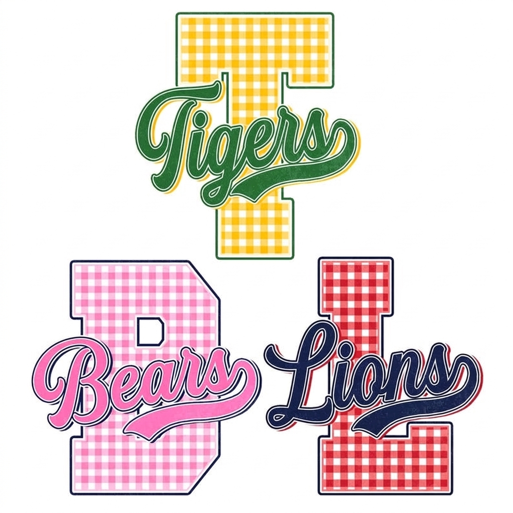 Plaid Check Varsity Initial Custom Mascot Graphic Tee For Football Stadium Tailgates