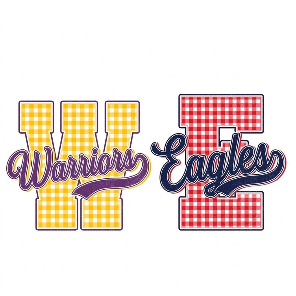 Plaid Check Varsity Initial Custom Mascot Graphic Tee For Football Stadium Tailgates