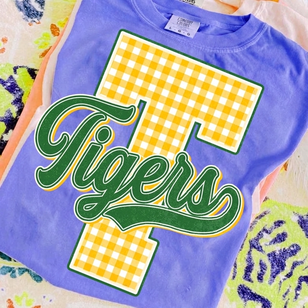 Plaid Check Varsity Initial Custom Mascot Graphic Tee For Football Stadium Tailgates