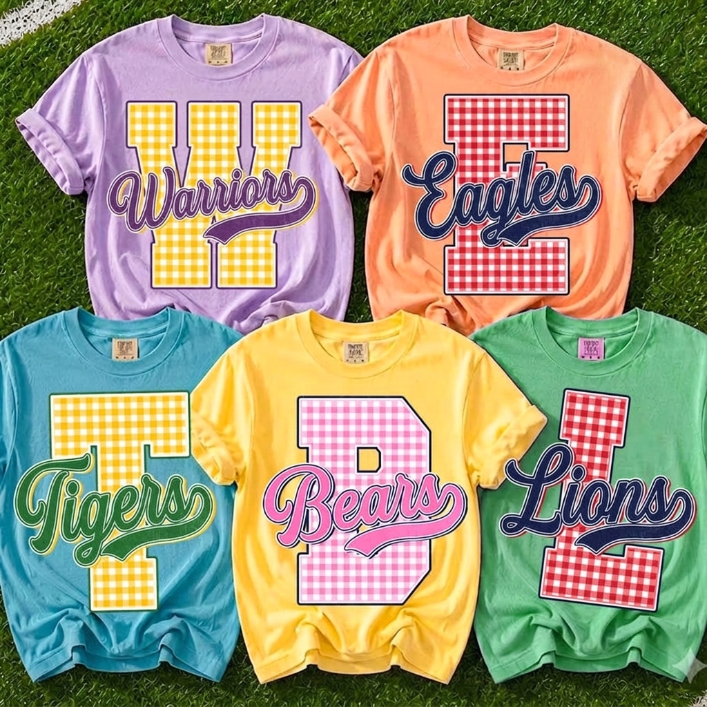 Plaid Check Varsity Initial Custom Mascot Graphic Tee For Football Stadium Tailgates