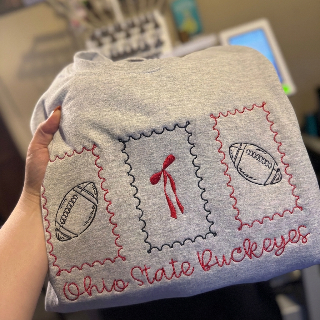 Custom Ohio State Embroidered Sweatshirt Stamp Frame Football Bow Game Day Apparel