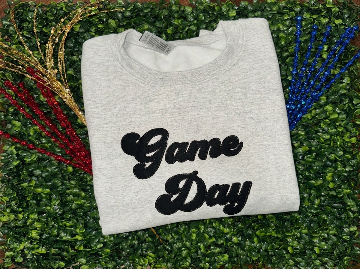 Outline Fabric Applique Game Day Crewneck, Custom Team Color Stitched Patch Stadium Sweatshirt