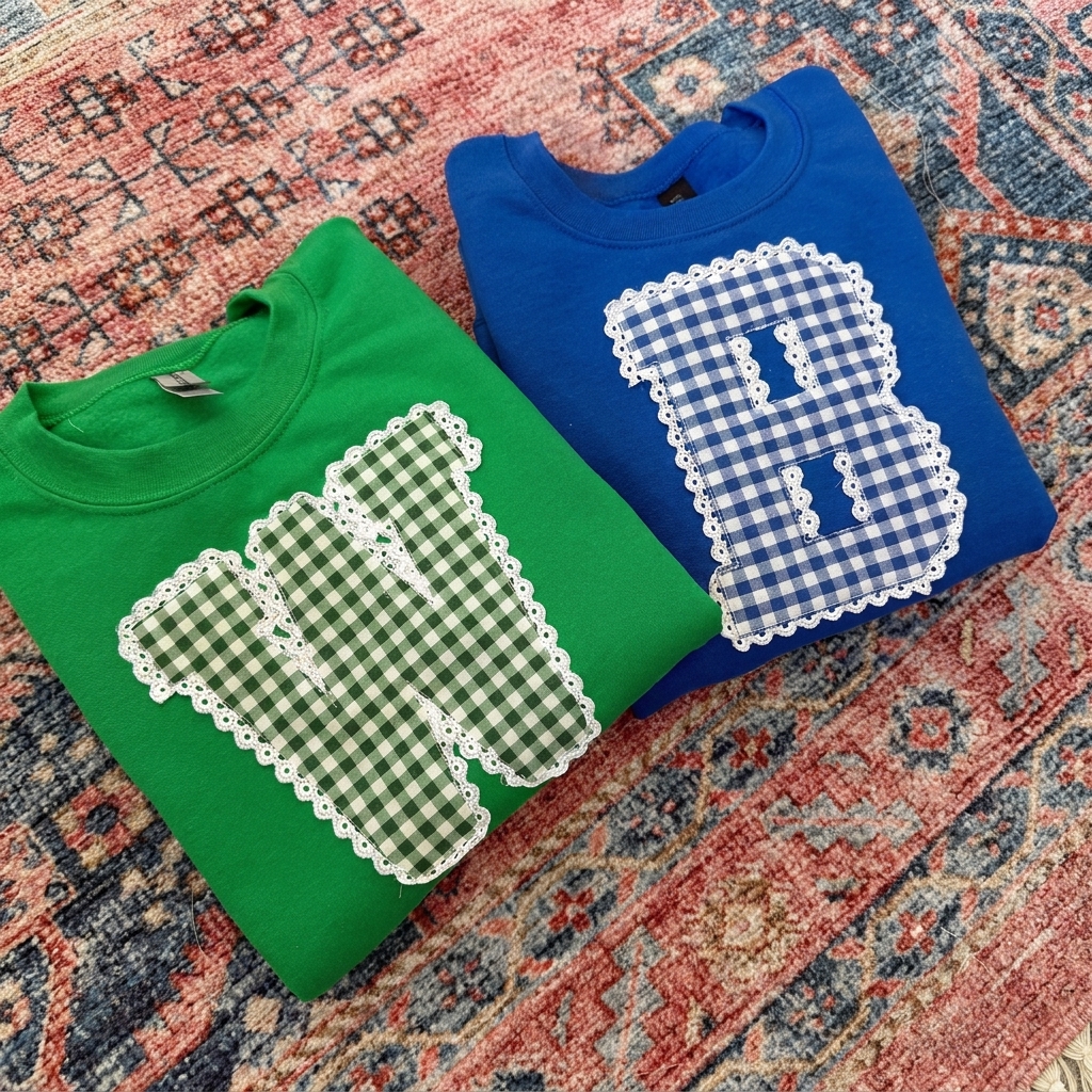Custom Gingham Lace Trim Varsity Letter Applique Crewneck Sweatshirt, Personalized School Initial Game Day Spirit Pullover