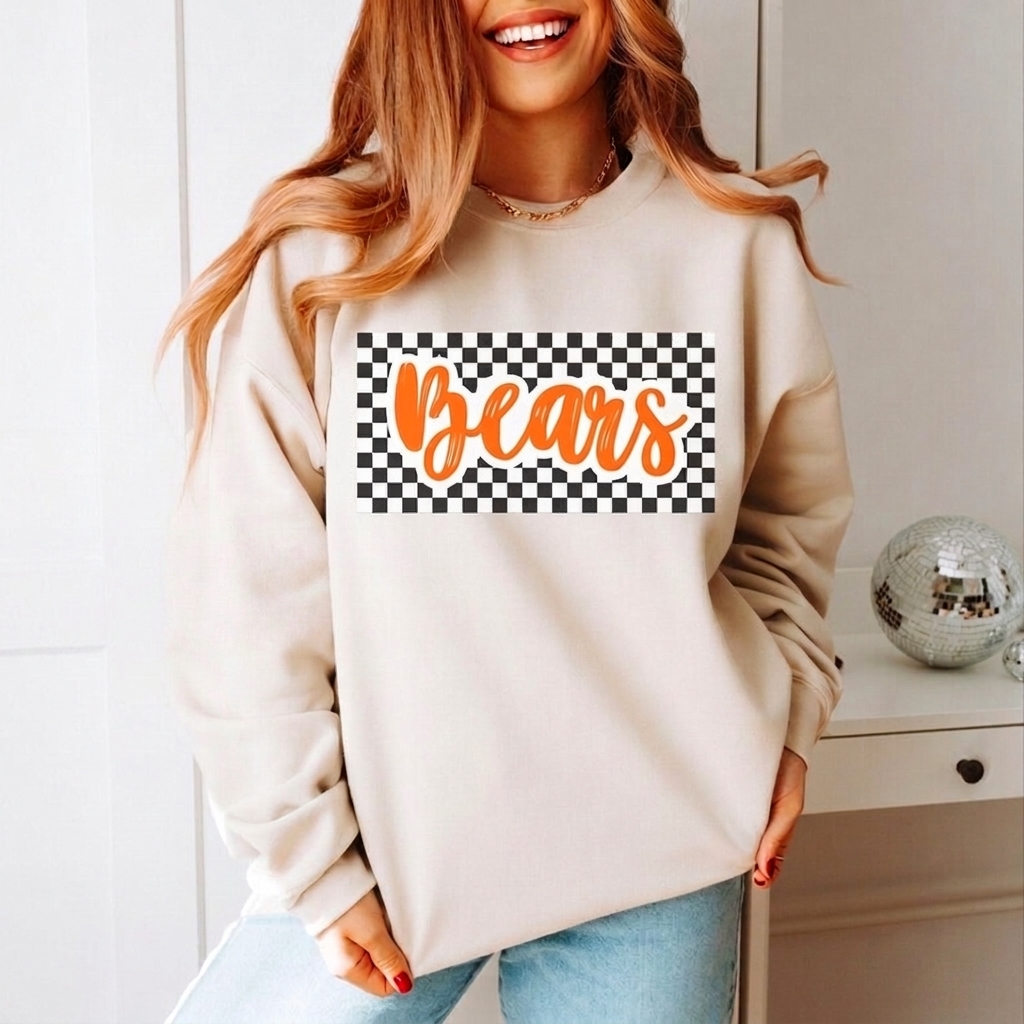 Custom Mascot Sweatshirt Checkered Print Team Spirit Crewneck Retro Game Day Apparel