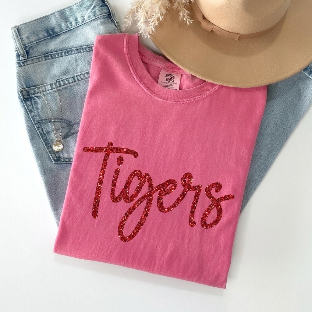 Custom Glitter Mascot Name Sweatshirt Shimmer Script Game Day Crewneck