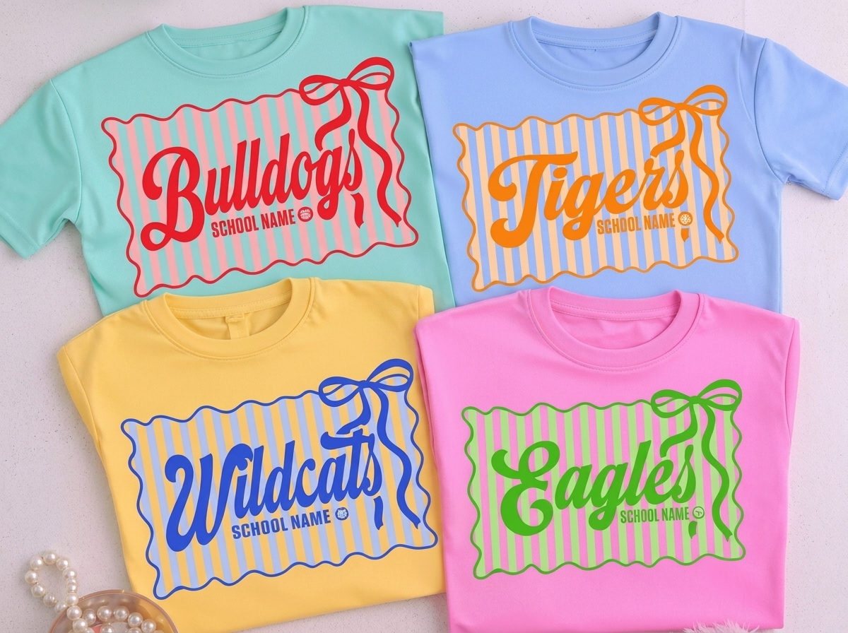 Custom Striped Wavy Frame Bow Mascot T-Shirt, Personalized School Name Game Day Spirit Tee