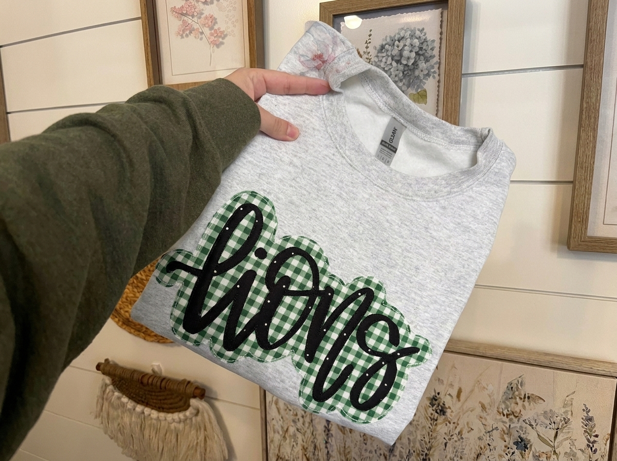 Custom Mascot Cursive Script Sweatshirt Gingham Applique Patchwork Team Game Day Preppy Crewneck