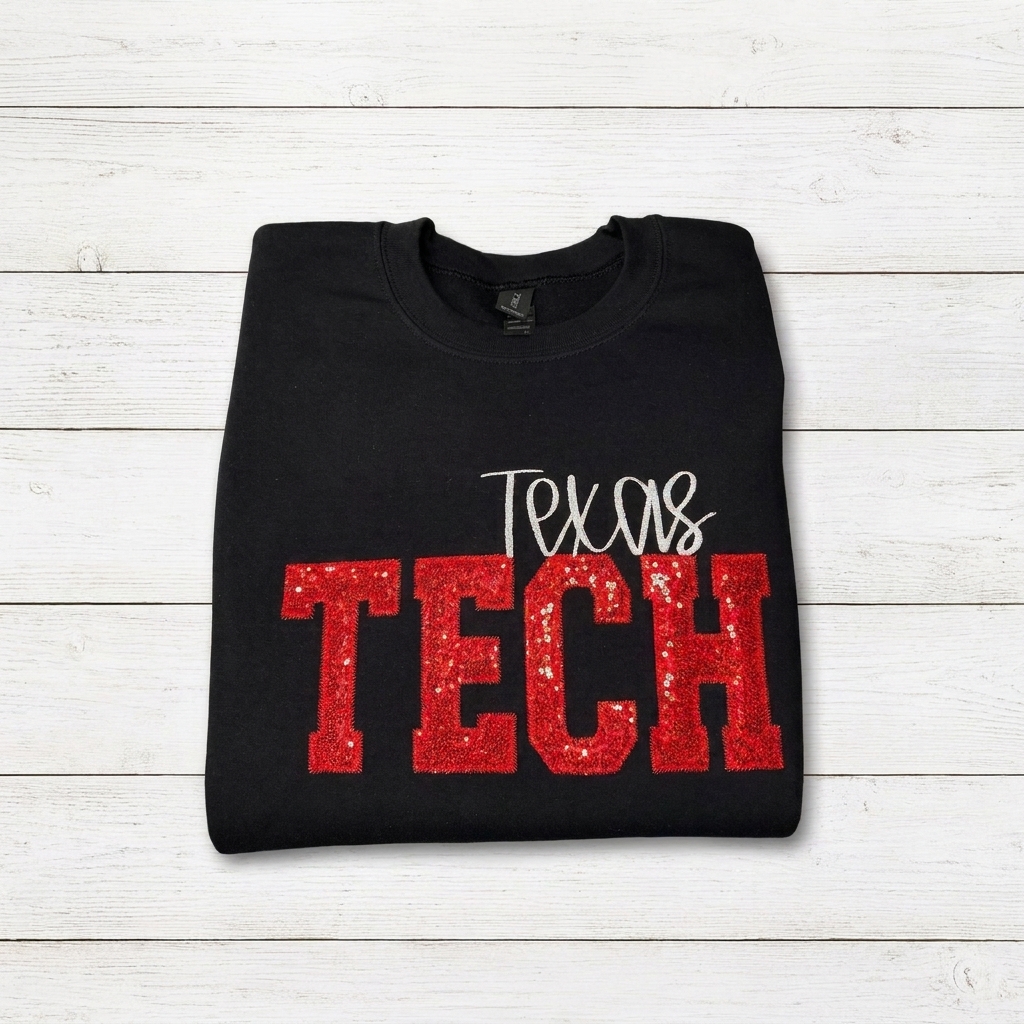 Custom Sequin TECH Letter Sweatshirt Personalized Embroidered Mascot School Spirit Apparel