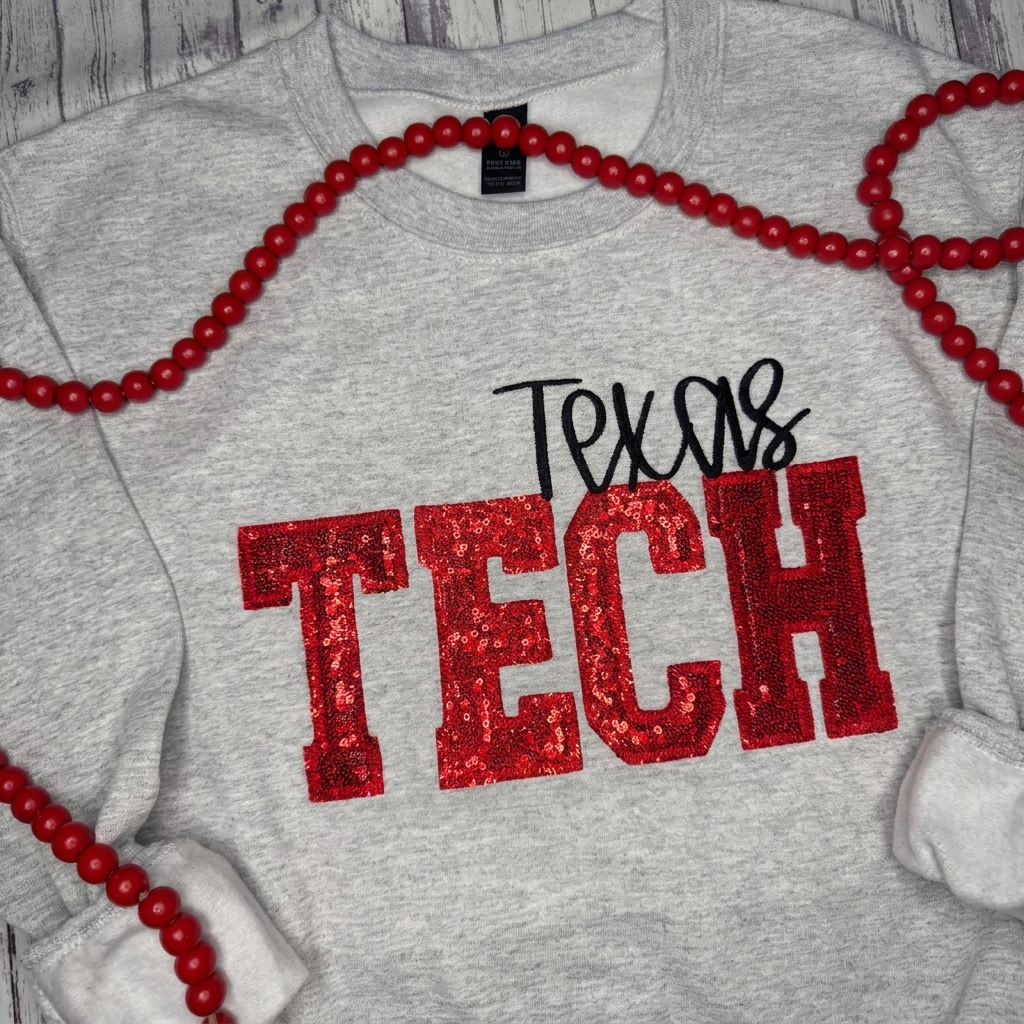 Custom Sequin TECH Letter Sweatshirt Personalized Embroidered Mascot School Spirit Apparel
