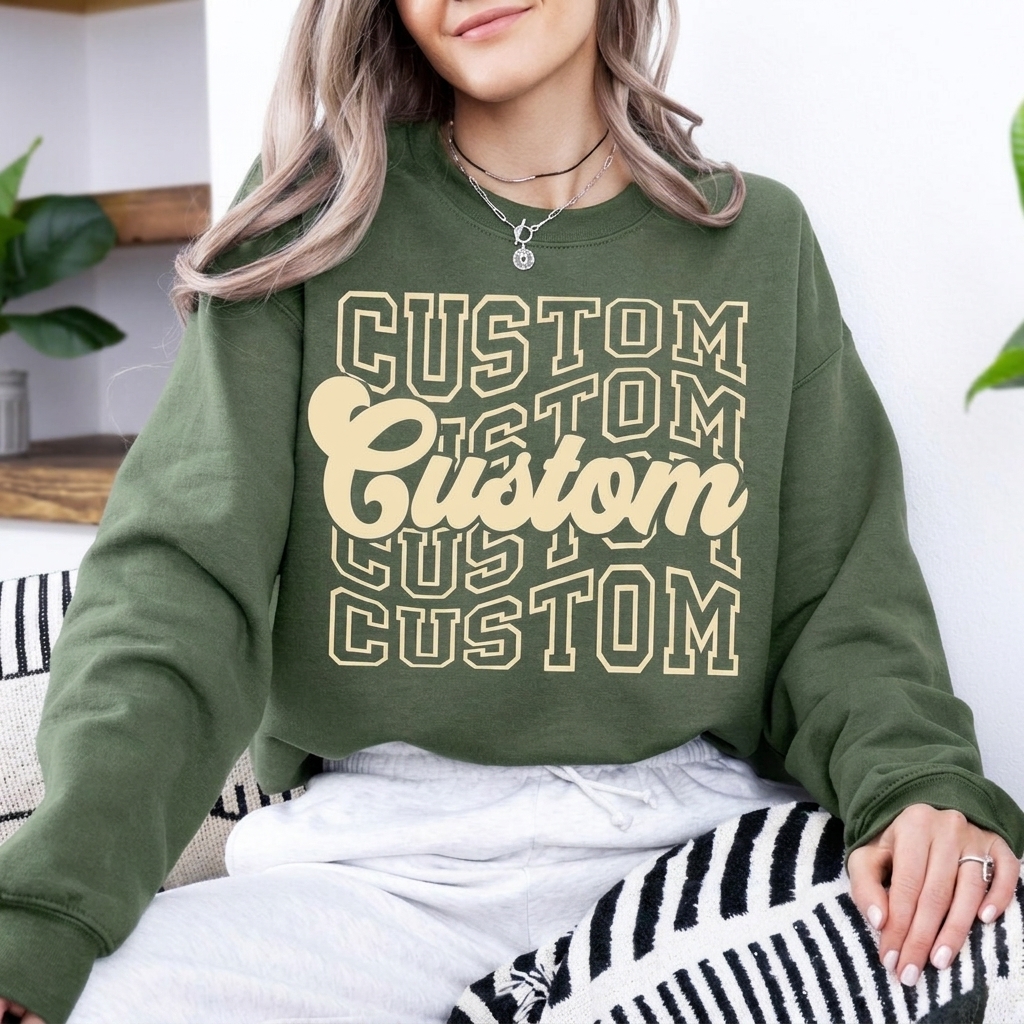 Custom Mascot Sweatshirt Wavy Stacked School Name Graphic Retro Cursive Team Game Day Crewneck