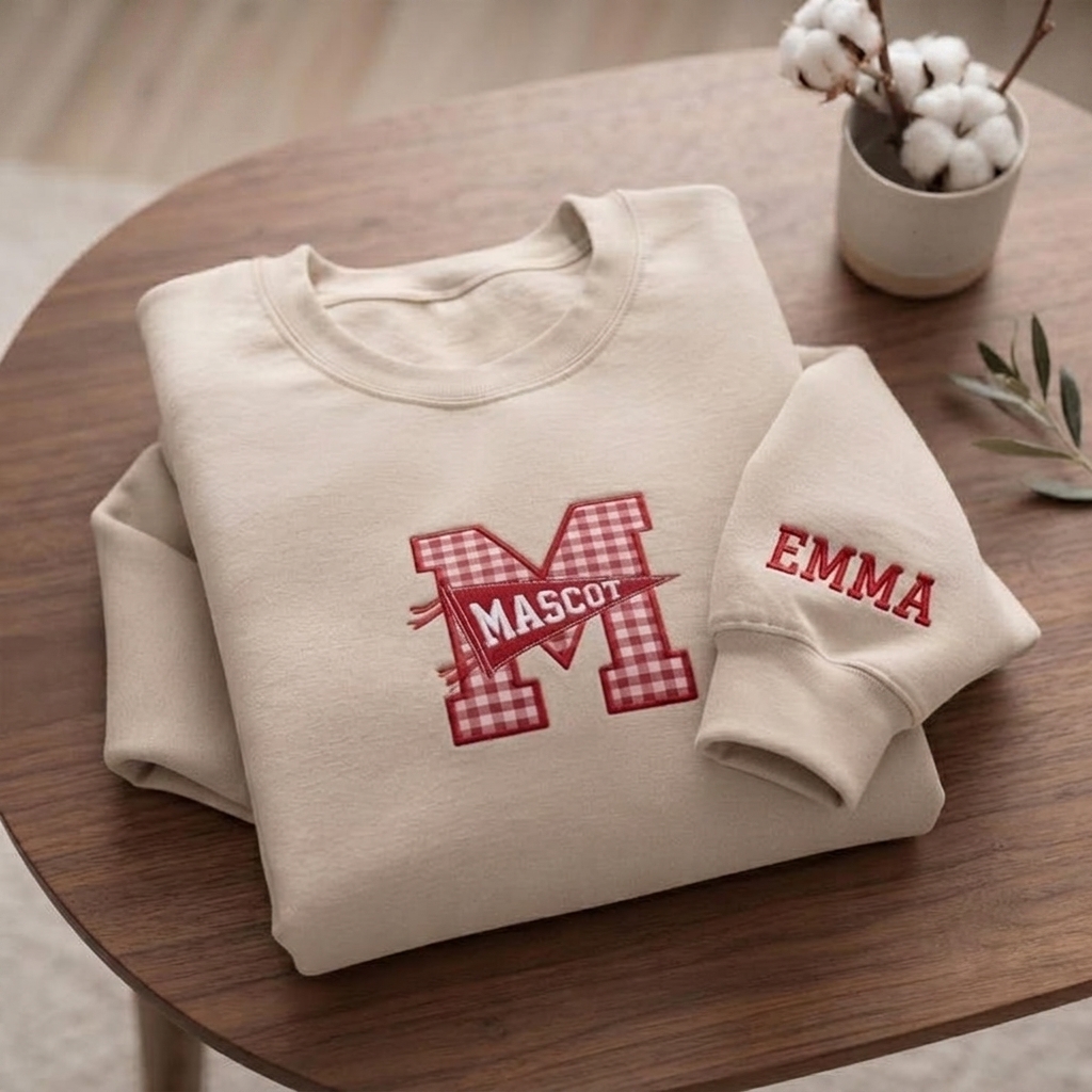 Custom Gingham Applique Letter Sweatshirt Pennant Flag Mascot Embroidered Sleeve Name Personalized Crewneck