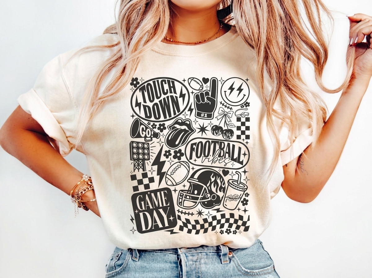 Football Vibes Doodle Sweatshirt Retro Game Day Collage Heat Transfer Shirt