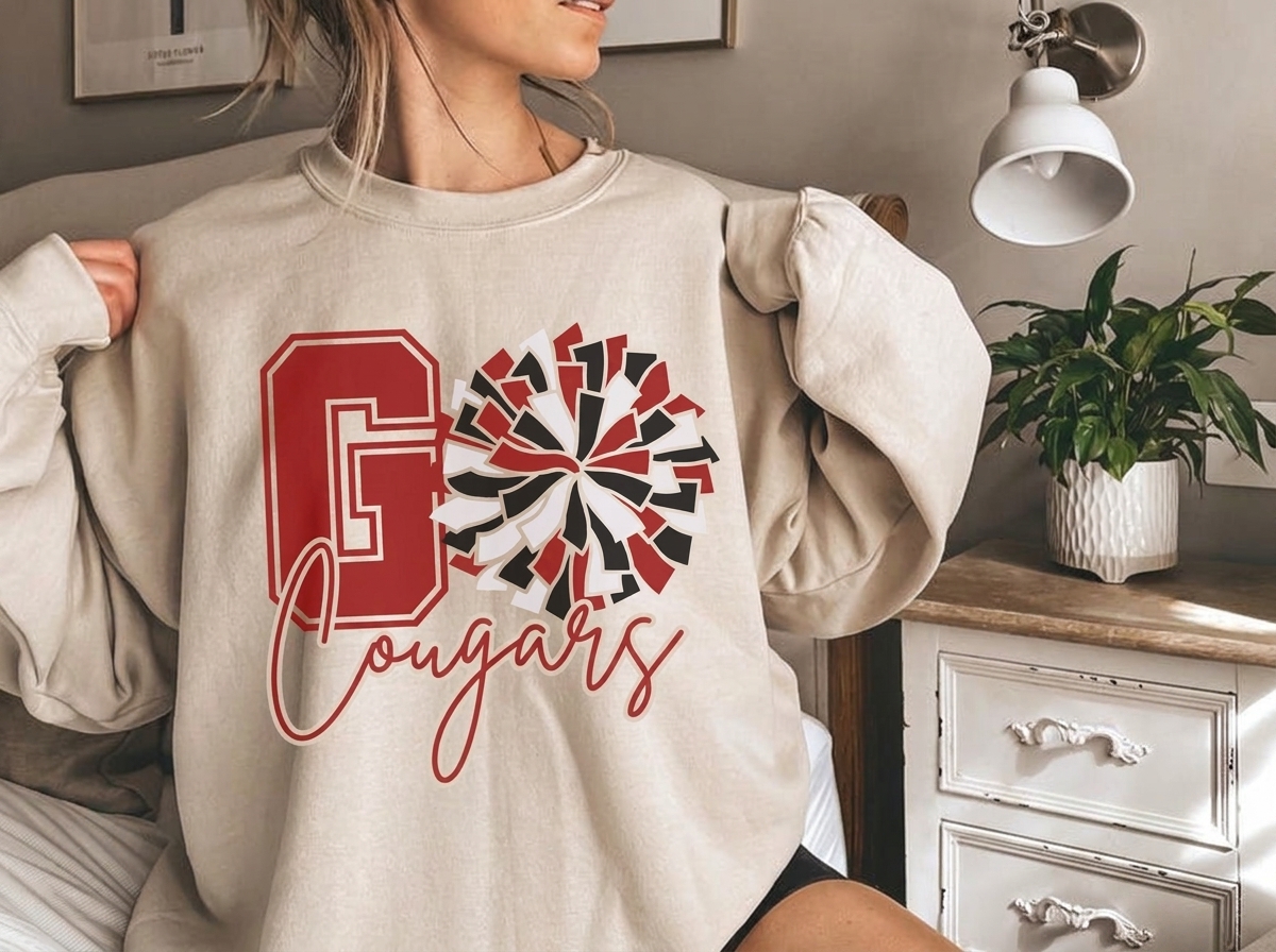 Custom Varsity Initial Cheer Pom Pom Sweatshirt, Personalized Cursive Mascot Cheer Team Bleacher Top
