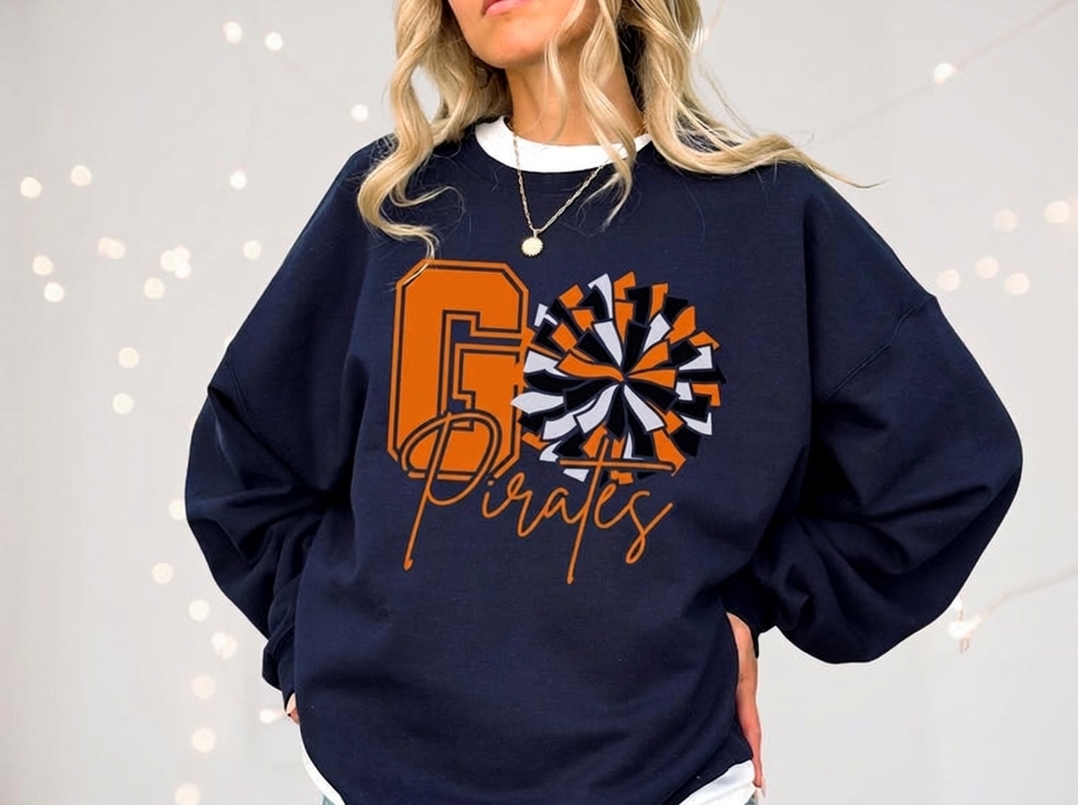 Custom Varsity Initial Cheer Pom Pom Sweatshirt, Personalized Cursive Mascot Cheer Team Bleacher Top
