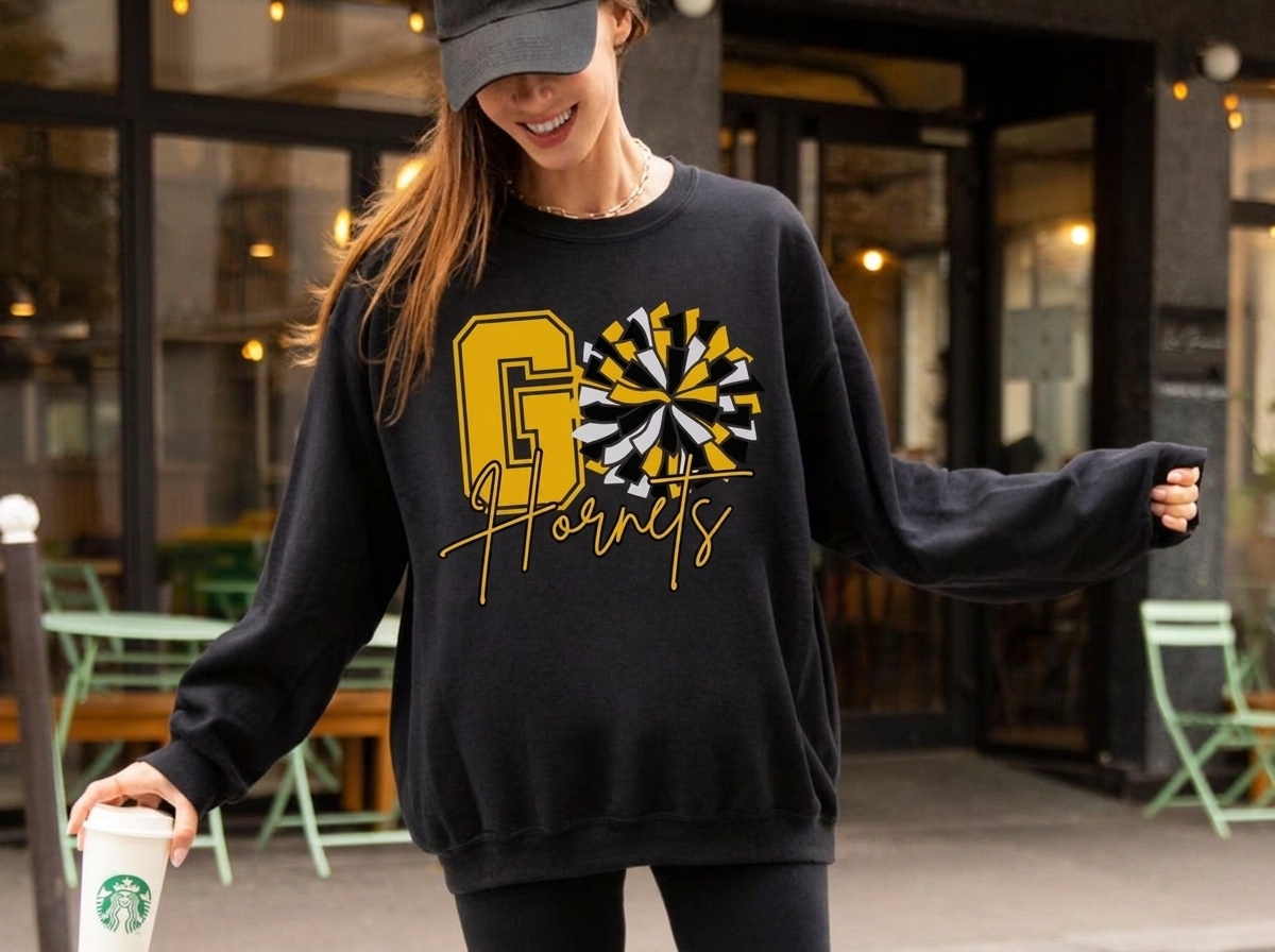 Custom Varsity Initial Cheer Pom Pom Sweatshirt, Personalized Cursive Mascot Cheer Team Bleacher Top