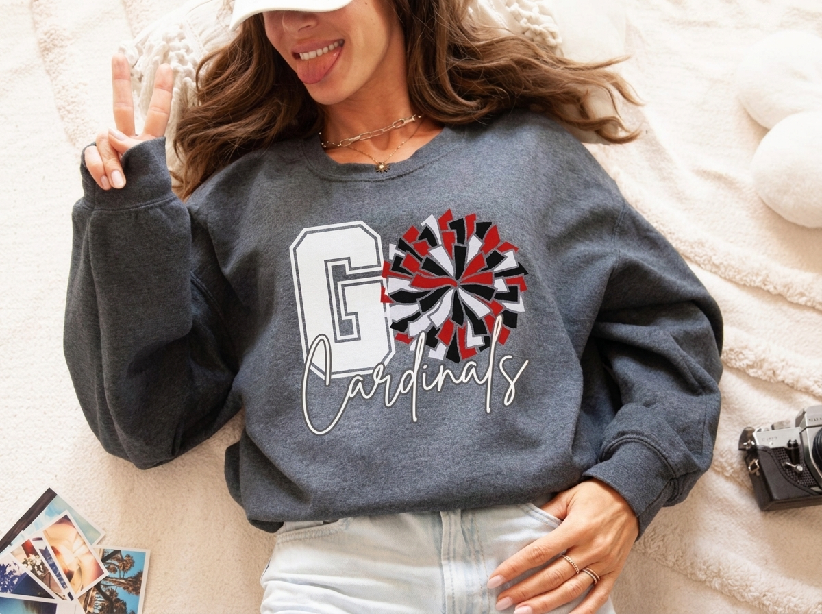 Custom Varsity Initial Cheer Pom Pom Sweatshirt, Personalized Cursive Mascot Cheer Team Bleacher Top