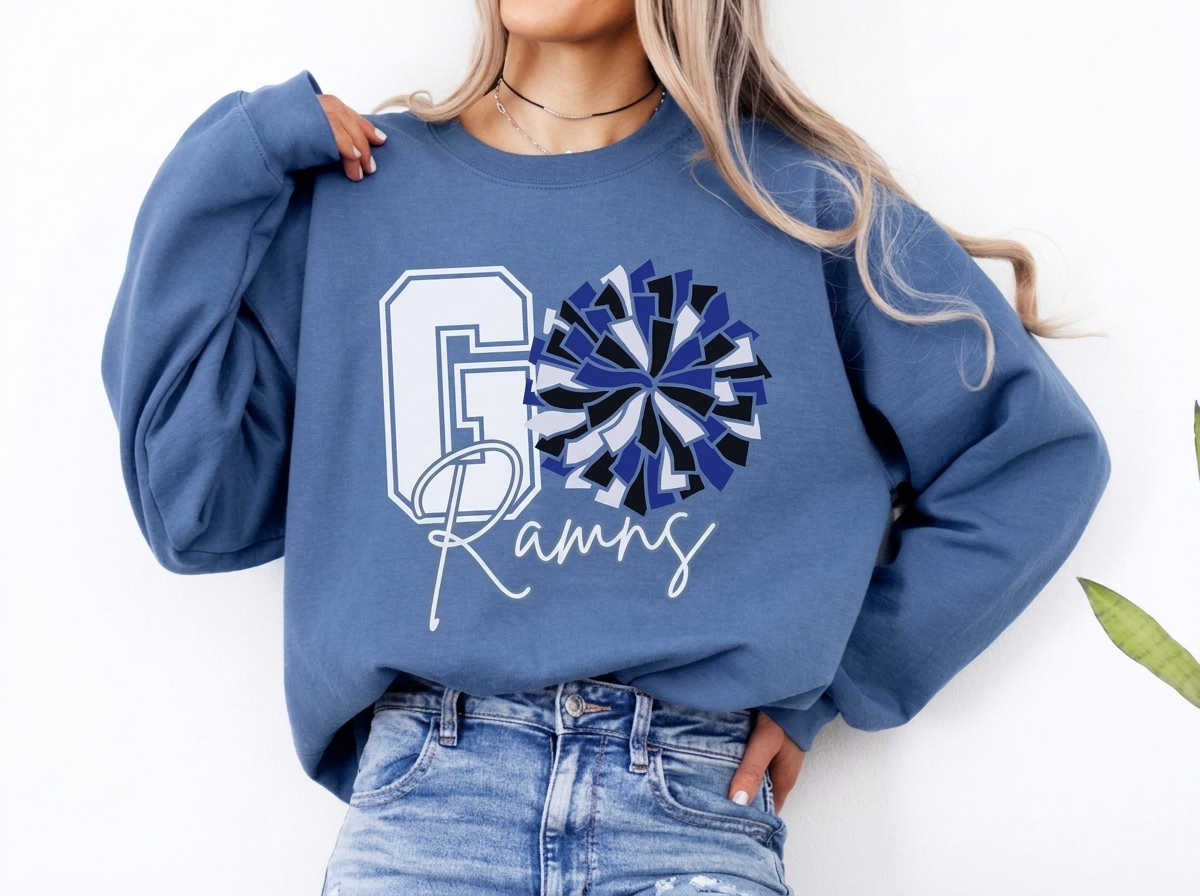 Custom Varsity Initial Cheer Pom Pom Sweatshirt, Personalized Cursive Mascot Cheer Team Bleacher Top