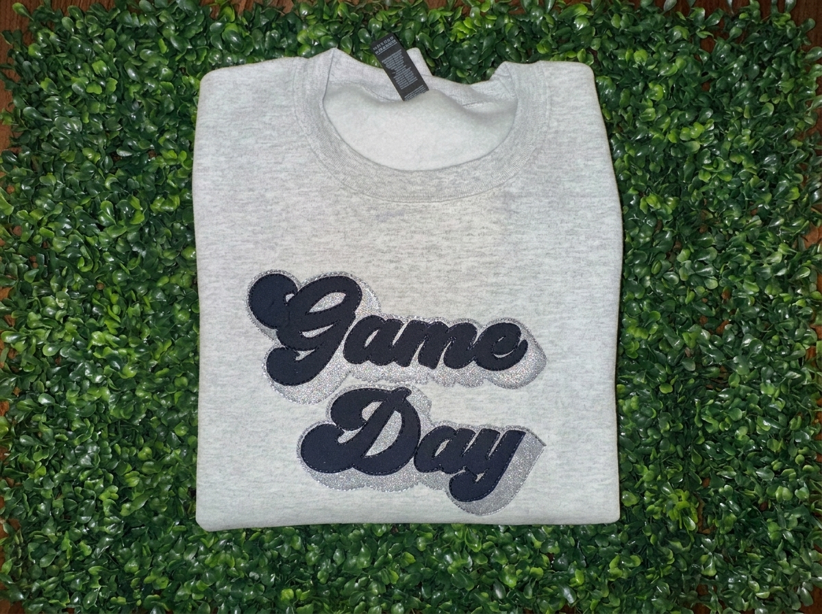 Outline Fabric Applique Game Day Crewneck, Custom Team Color Stitched Patch Stadium Sweatshirt