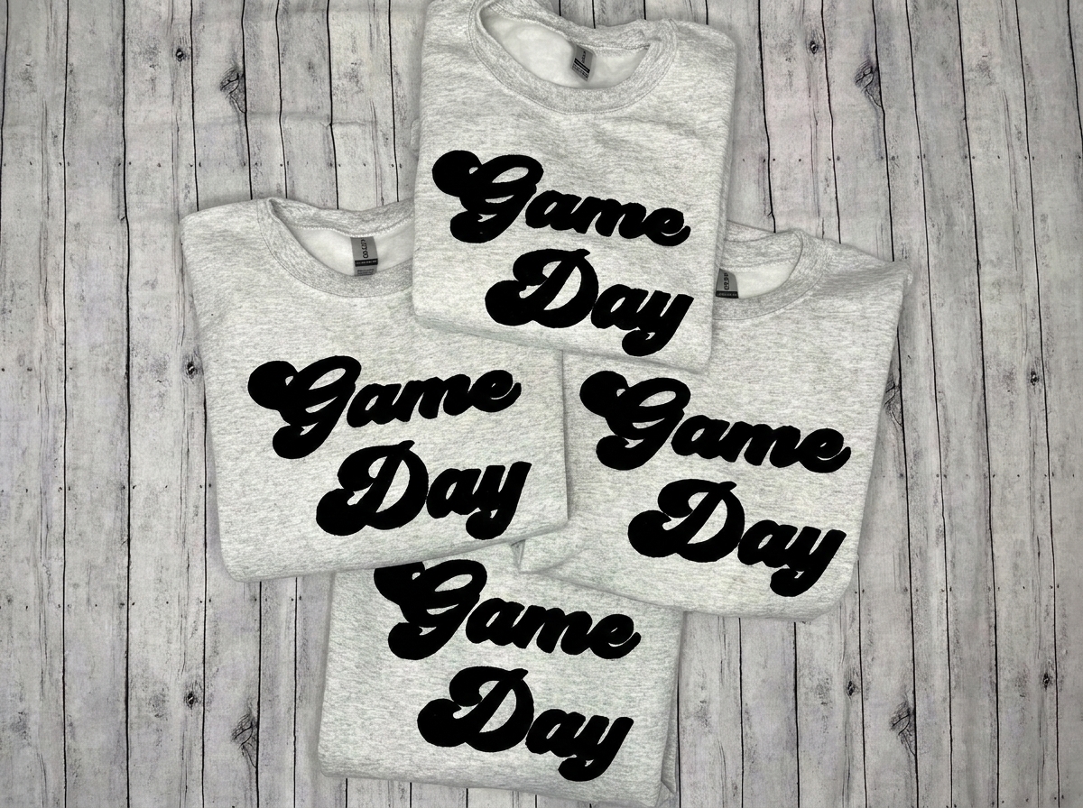 Outline Fabric Applique Game Day Crewneck, Custom Team Color Stitched Patch Stadium Sweatshirt