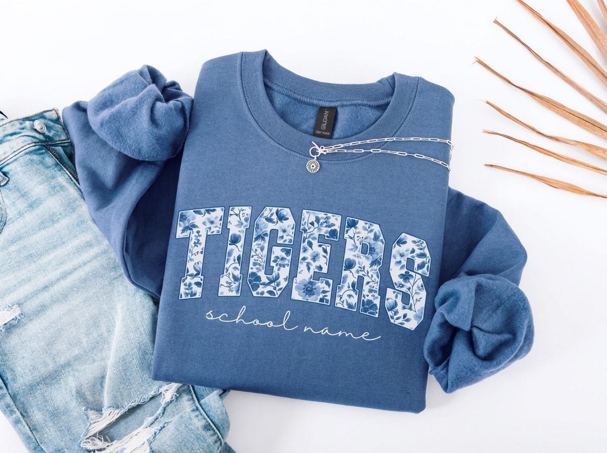 Custom Floral Fill Varsity Mascot Crewneck Sweatshirt, Personalized School Name Game Day Spirit Pullover