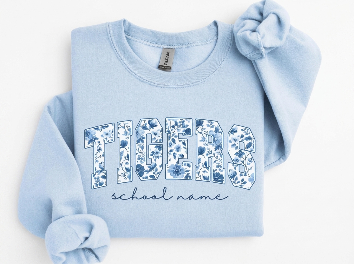 Custom Floral Fill Varsity Mascot Crewneck Sweatshirt, Personalized School Name Game Day Spirit Pullover