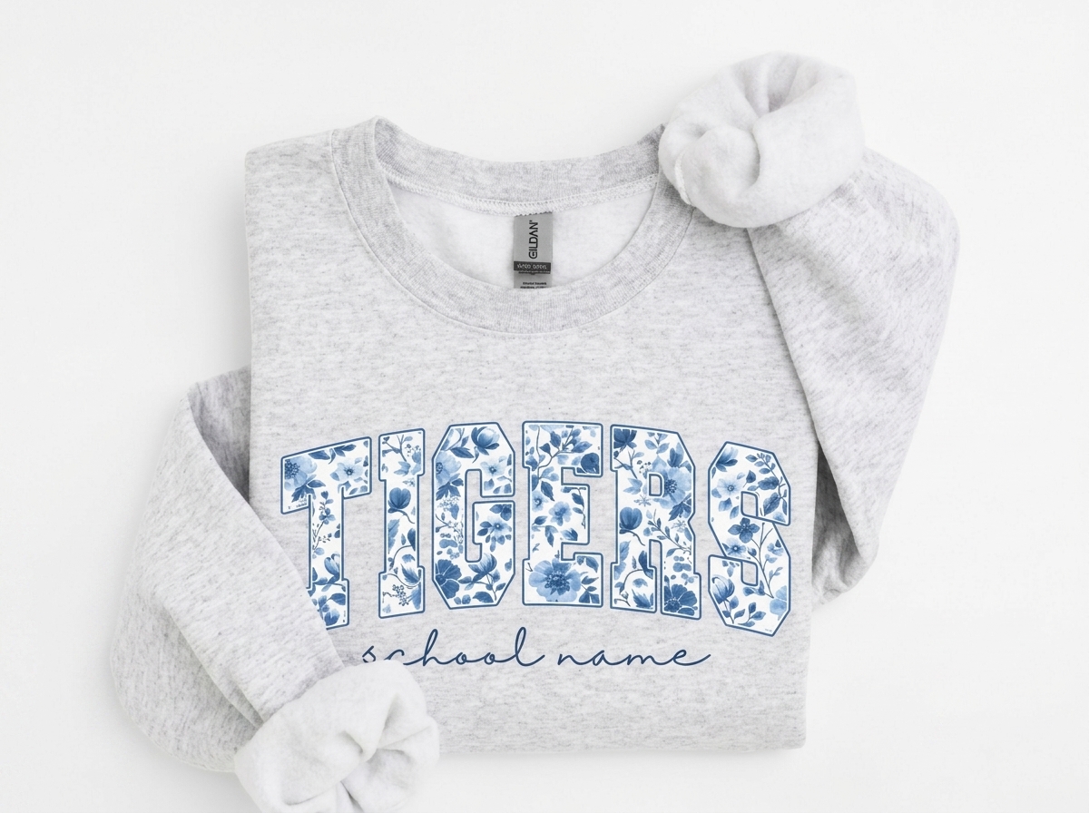 Custom Floral Fill Varsity Mascot Crewneck Sweatshirt, Personalized School Name Game Day Spirit Pullover