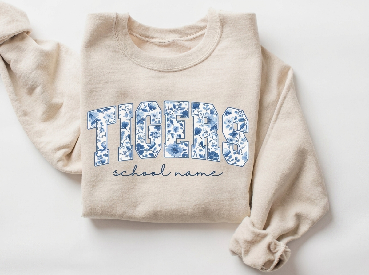 Custom Floral Fill Varsity Mascot Crewneck Sweatshirt, Personalized School Name Game Day Spirit Pullover