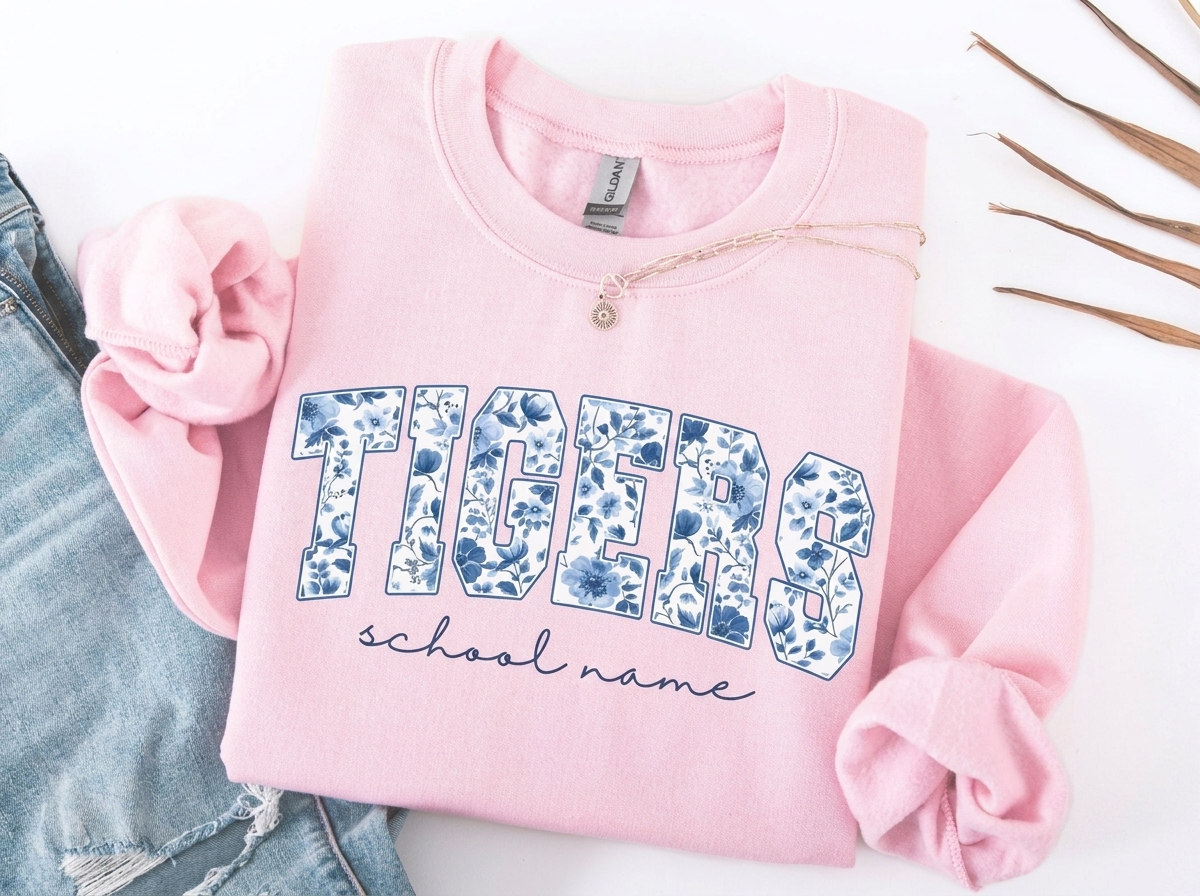 Custom Floral Fill Varsity Mascot Crewneck Sweatshirt, Personalized School Name Game Day Spirit Pullover